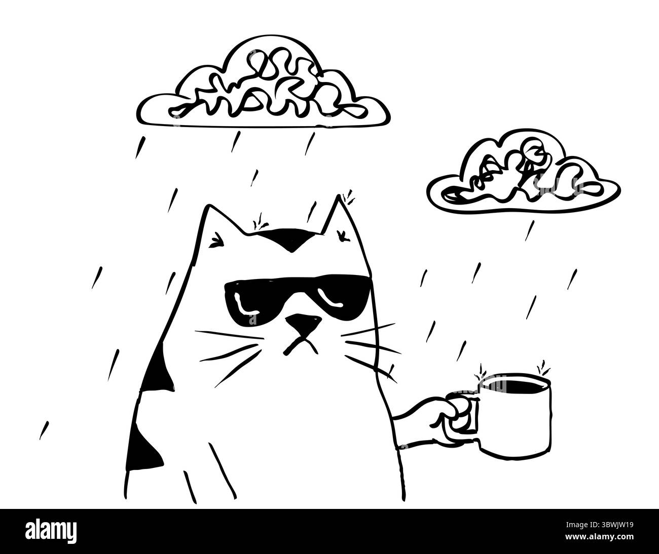 Illustration de style dessin de personnage de dessin animé d'un gros chat avec tasse à café sous pluie nuage pleuvant sur fond isolé fait en noir et blanc. Illustration de Vecteur