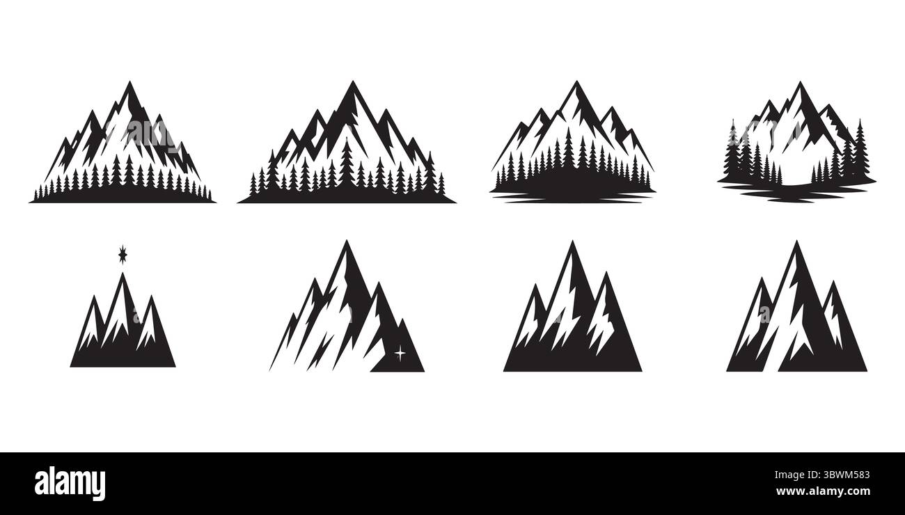 Collection de silhouettes noires de montagne et de forêt pour les conceptions de la nature Illustration de Vecteur