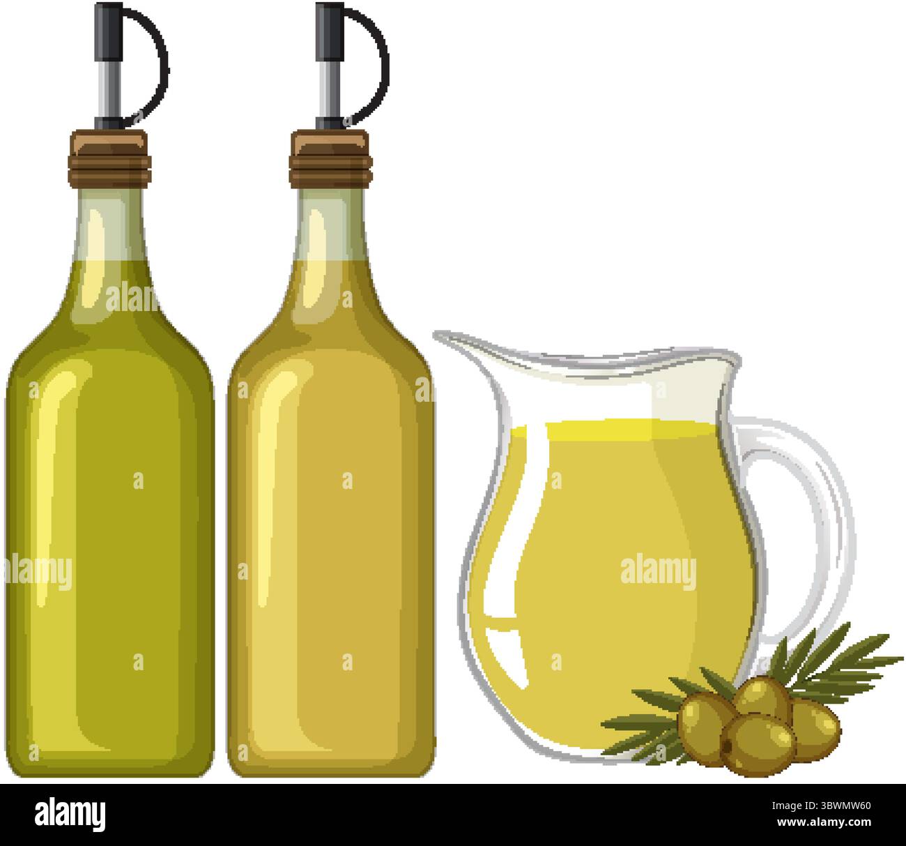 Illustration vectorielle de deux bouteilles d'huile d'olive, un pichet en verre et des olives vertes. Design plat avec lignes épurées et palette de couleurs naturelles Illustration de Vecteur