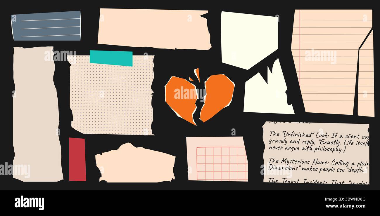 Ensemble de papier déchiré vintage avec textures de note - bords déchirés, pages de carnet lignées, motifs de grille et feuilles pointillées. Cœur brisé et chutes, papeterie rétro pour scrapbooking, journaling, conception de collage Illustration de Vecteur