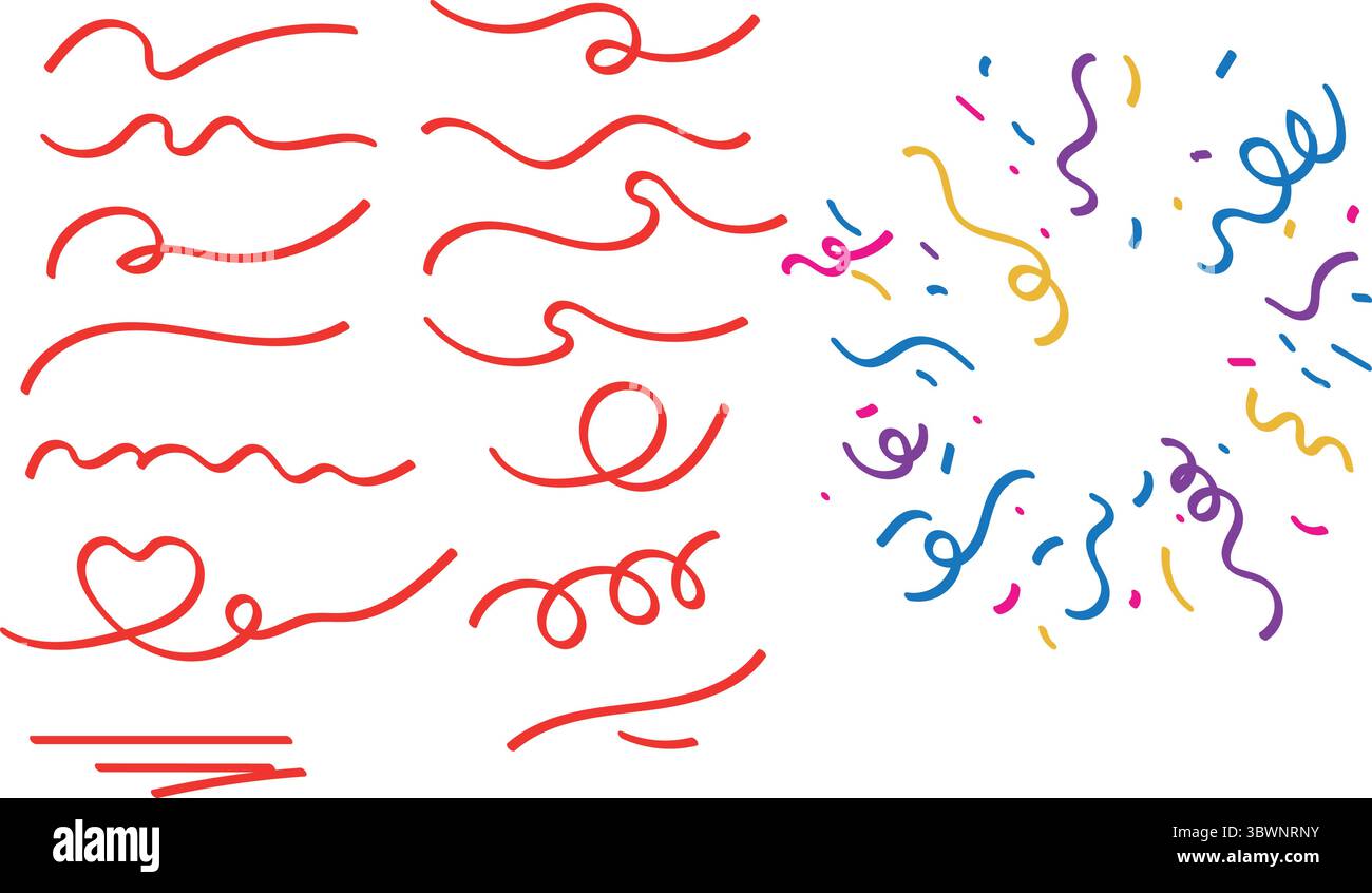 Celebration griffonne avec des confettis et des tourbillons pour des invitations de fête et des designs créatifs Illustration de Vecteur