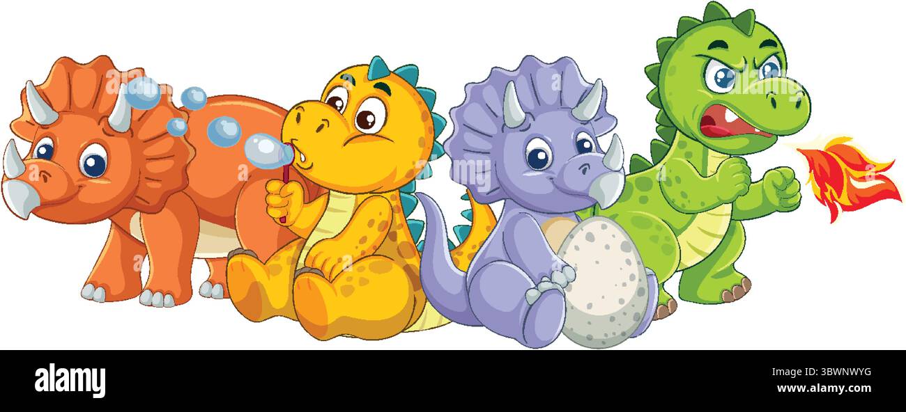 Illustration vectorielle vibrante de quatre dinosaures de dessins animés avec des couleurs et des expressions uniques, mettant en valeur des éléments ludiques et imaginatifs Illustration de Vecteur