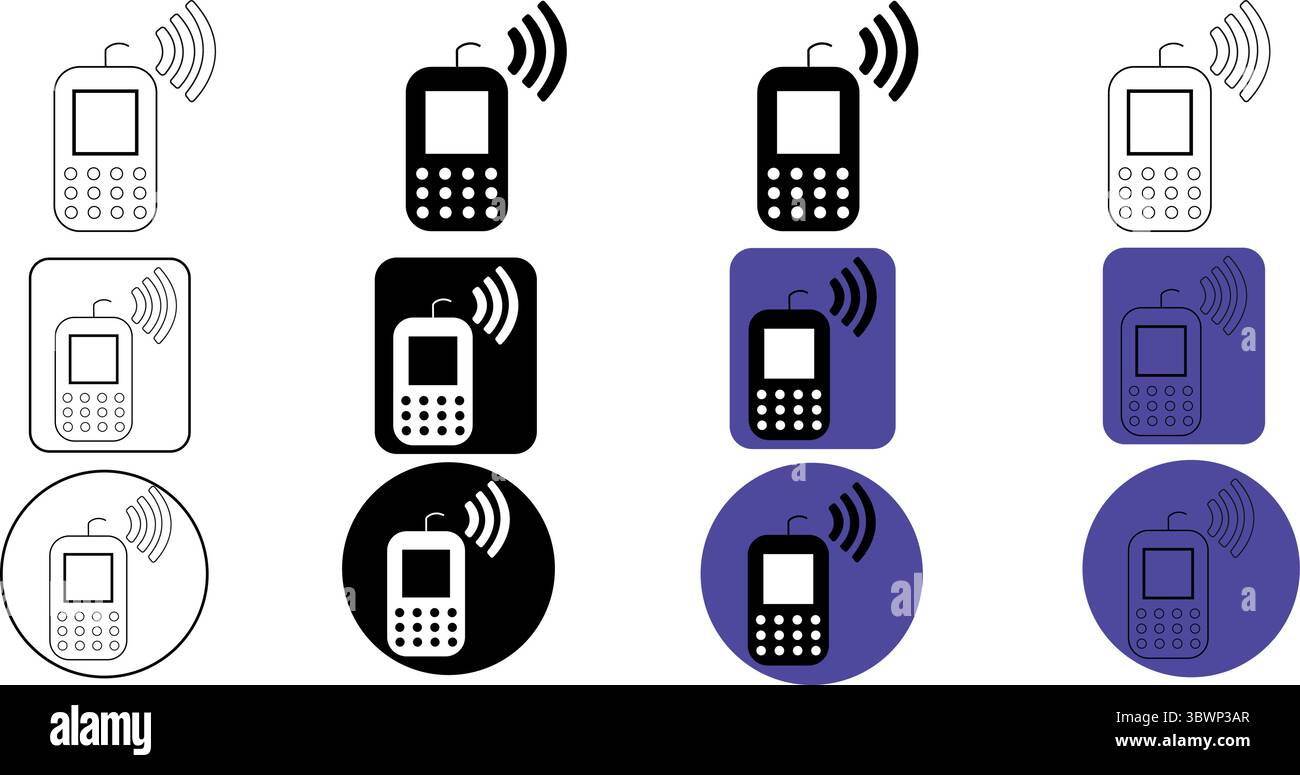 Diverses icônes de smartphone présentent la connectivité sans fil dans des variations de couleurs noir, blanc et bleu pour un design de communication moderne, transparent Illustration de Vecteur