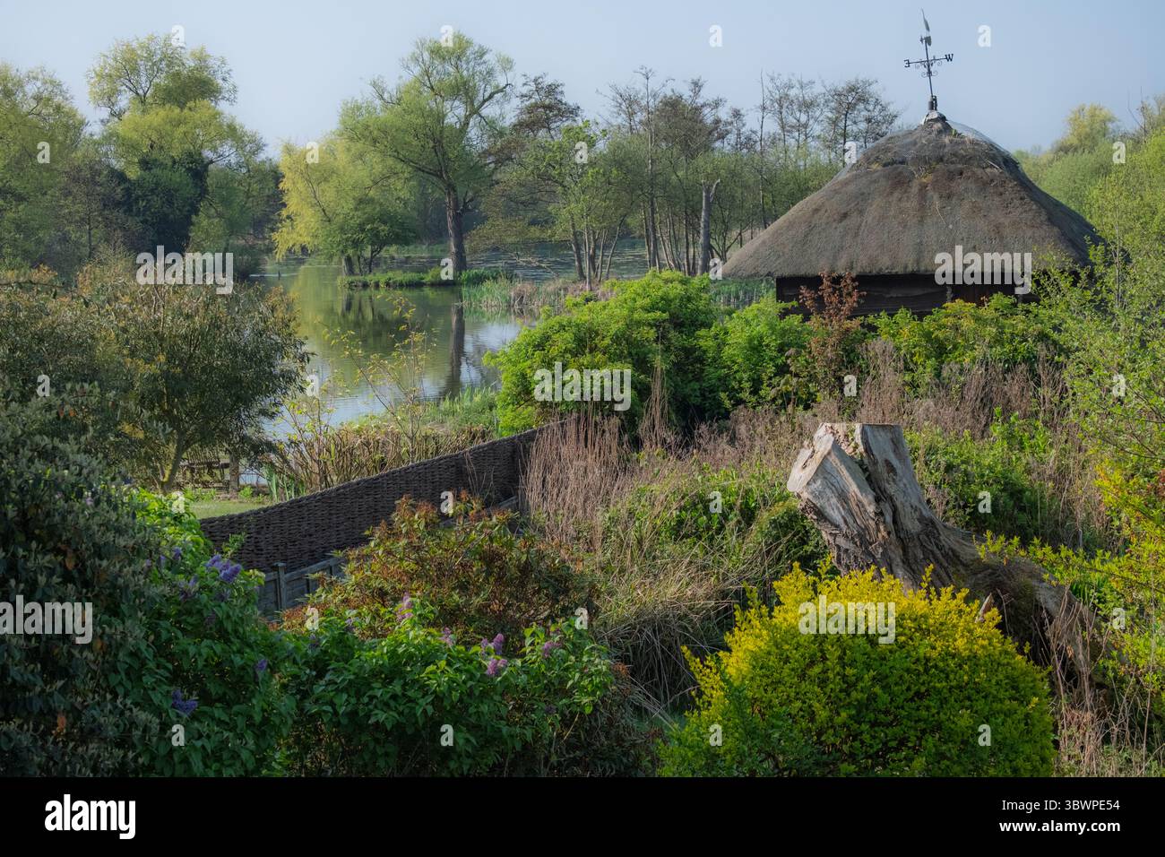 Vue tranquille sur un bâtiment au toit de chaume avec une girouette, au milieu d'un feuillage printanier luxuriant à côté de Thorpeness Meare, dans le Suffolk, au Royaume-Uni. Banque D'Images