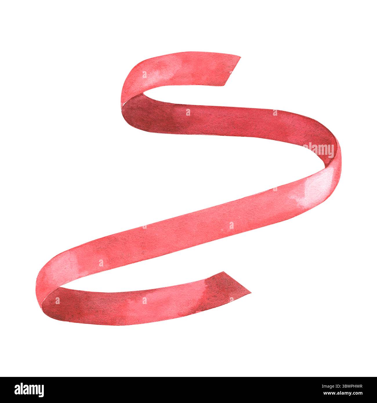 Ruban de satin rouge suspendu horizontalement avec une boucle gracieuse. Accessoire aquarelle peint à la main isolé sur blanc pour les dessins, invitations, impression Banque D'Images