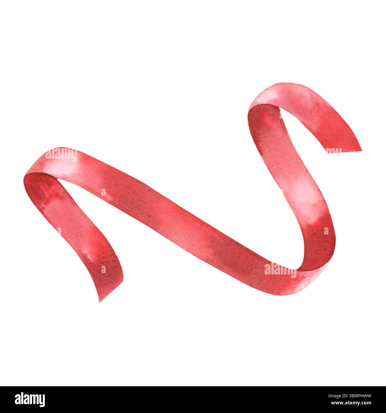 Ruban de satin rouge suspendu horizontalement avec une boucle gracieuse. Accessoire aquarelle peint à la main isolé sur blanc pour les dessins, invitations, impression Banque D'Images