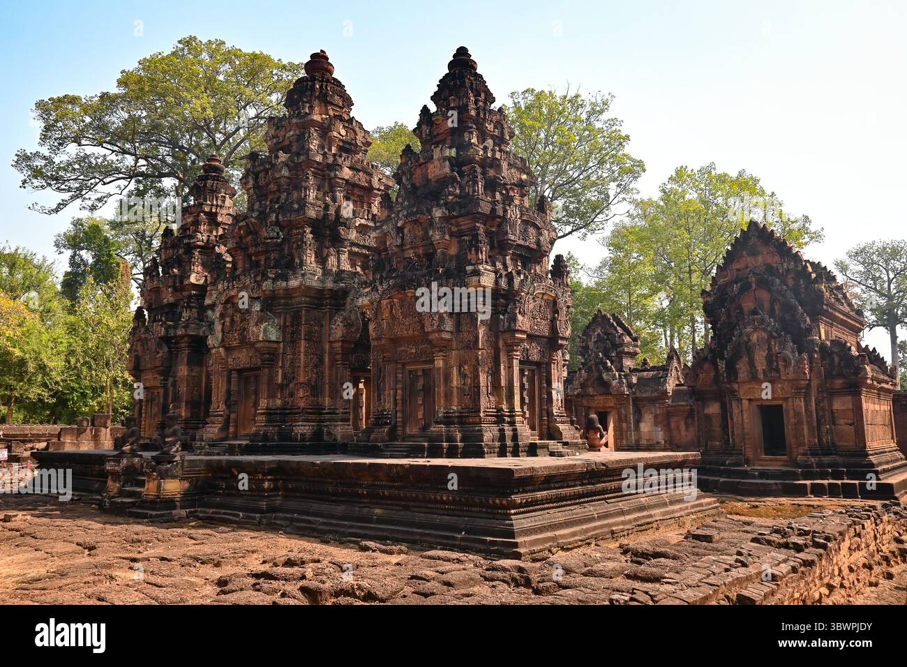 Vue panoramique sur le temple Banteay Srei au Cambodge, avec une architecture complexe en grès rose entourée d'arbres. Banque D'Images