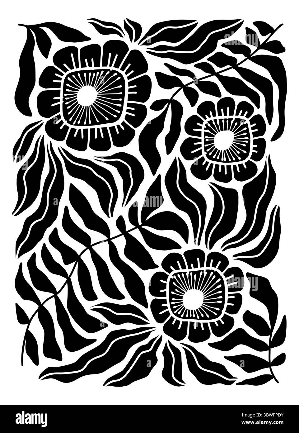 Illustration plate vectorielle inspirée par Henri Matisses style découpé, avec des fleurs abstraites audacieuses avec des feuilles de couleurs noires, dessinées à la main sur un blanc Illustration de Vecteur
