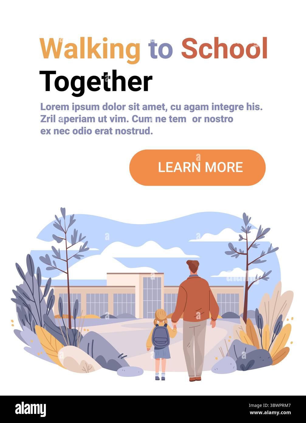 Père et fille marchant à l'école bâtiment d'automne paysage parent tenant la main de l'enfant moderne concept éducatif bannière Web Illustration de Vecteur