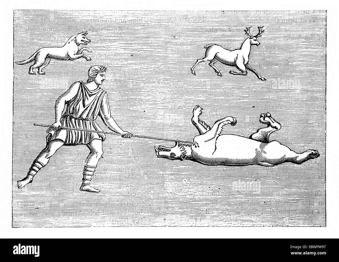 Illustration d'un combat romain avec des bêtes du Bas-relief sur le tombeau d'Auricius Scaurus à Pompéi (I Corinthinans XV.39) de l'antique 19ème cent Banque D'Images