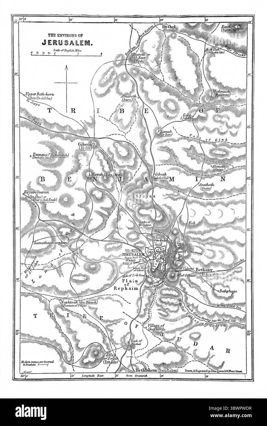 Carte de Jérusalem représentant les douze tribus d'Israël du XIXe siècle antique la Sainte Bible contenant l'ancien et le Nouveau Testament avec explication Banque D'Images