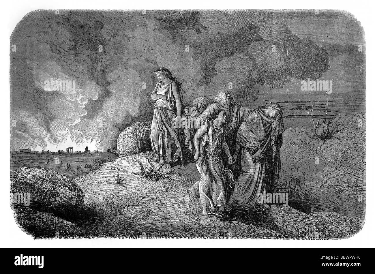 Illustration de l'évasion de Lot et sa famille de Sodome avec la destruction de Sodome et Gomorrhe derrière et sa femme transformée en pilier de Sal Banque D'Images