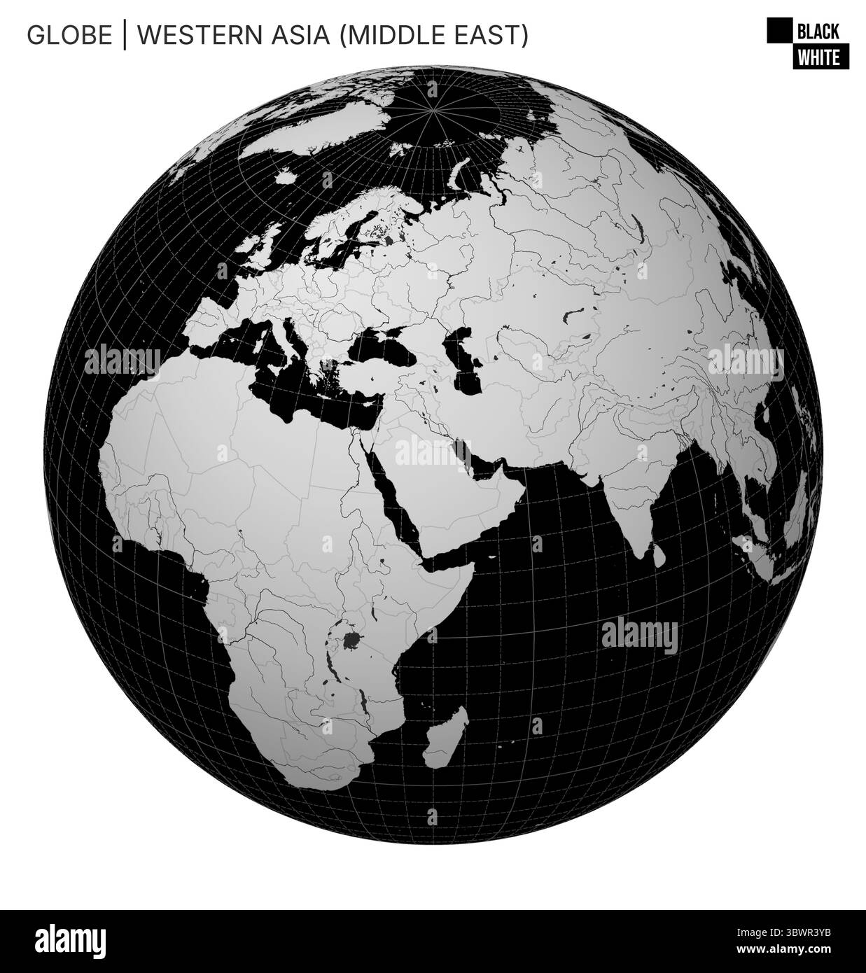 Vecteur Globe centré sur l'Asie occidentale (moyen-Orient). Noir palette Blanc. Carte du monde avec méridiens, parallèles, pays, rivières et lacs. Illustration de Vecteur