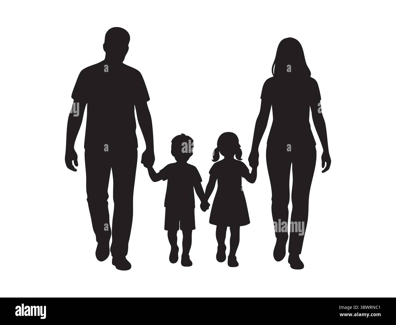 Silhouette noire de la famille marchant ensemble, isolé sur fond blanc, illustration graphique. concept de parentalité, d'unité, de vie familiale, uni Illustration de Vecteur