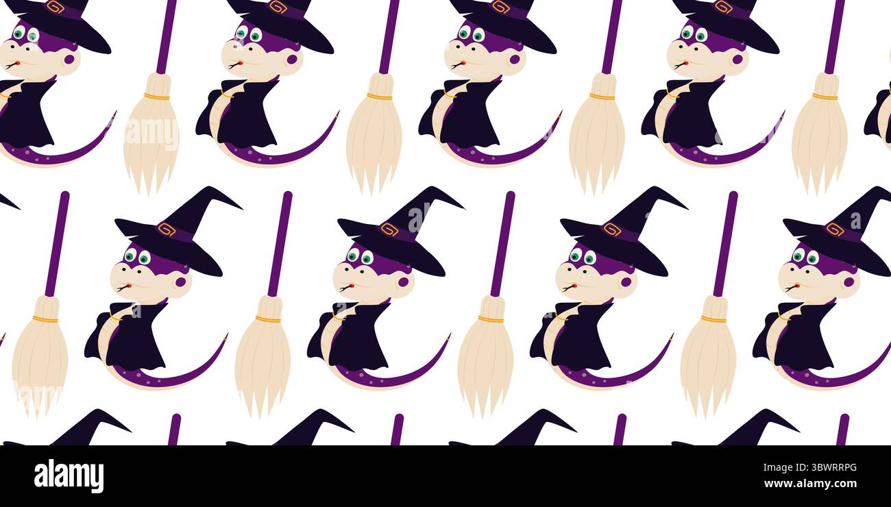 Halloween Snake dans le chapeau de sorcière et manteau avec balai Seamless Pattern Banner format Halloween fond. Illustration vectorielle isolée Halloween fond de voeux invitation ou bannière de fête, dépliants, prix Illustration de Vecteur