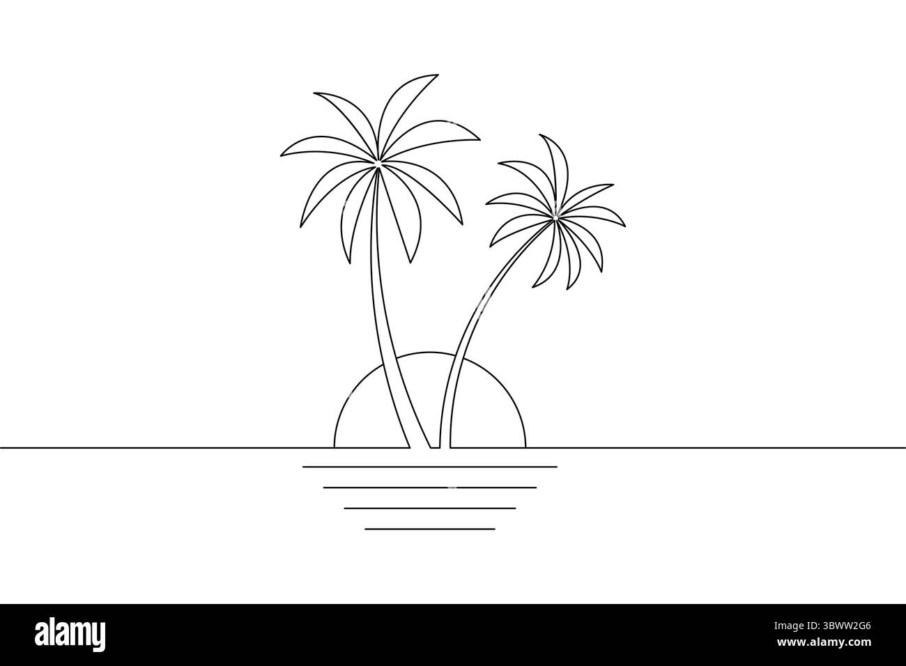 Illustration minimaliste de deux palmiers sur une plage tropicale avec le coucher de soleil sur l'horizon Illustration de Vecteur