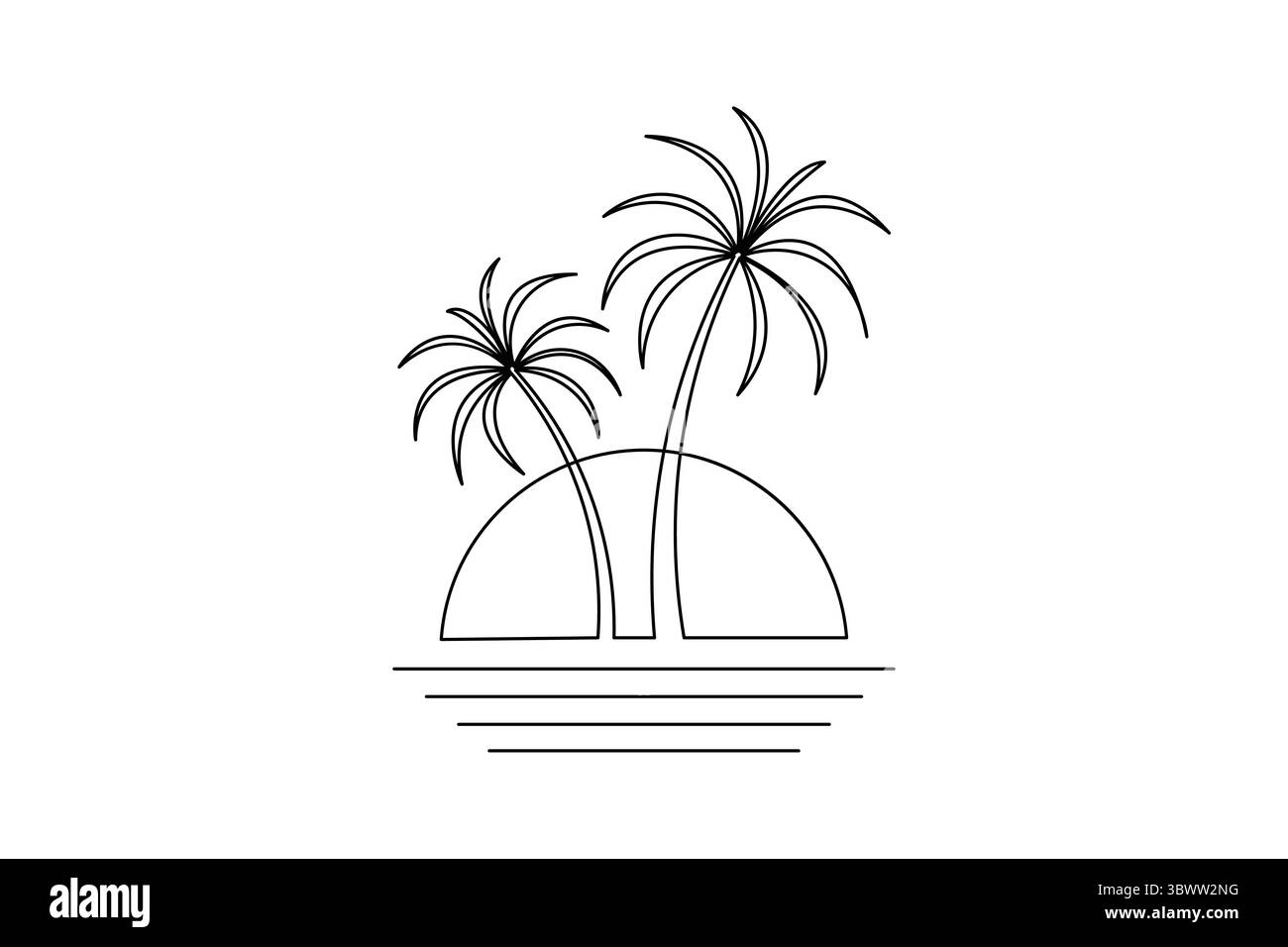Illustration minimaliste de deux palmiers sur une plage tropicale avec le coucher de soleil sur l'horizon Illustration de Vecteur