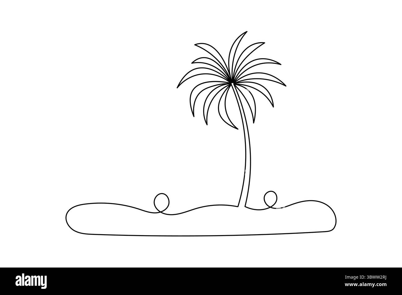 Simple dessin au trait noir et blanc d'un palmier sur une plage représentant vacances et détente Illustration de Vecteur