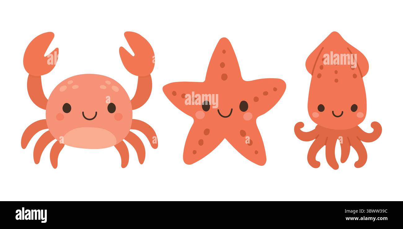 Crabe rouge souriant, étoile de mer et calmar avec des textures de bande dessinée douces dans un trio joyeux d'animaux marins parfait pour les conceptions de plage, les thèmes d'aquarium et ludique Illustration de Vecteur