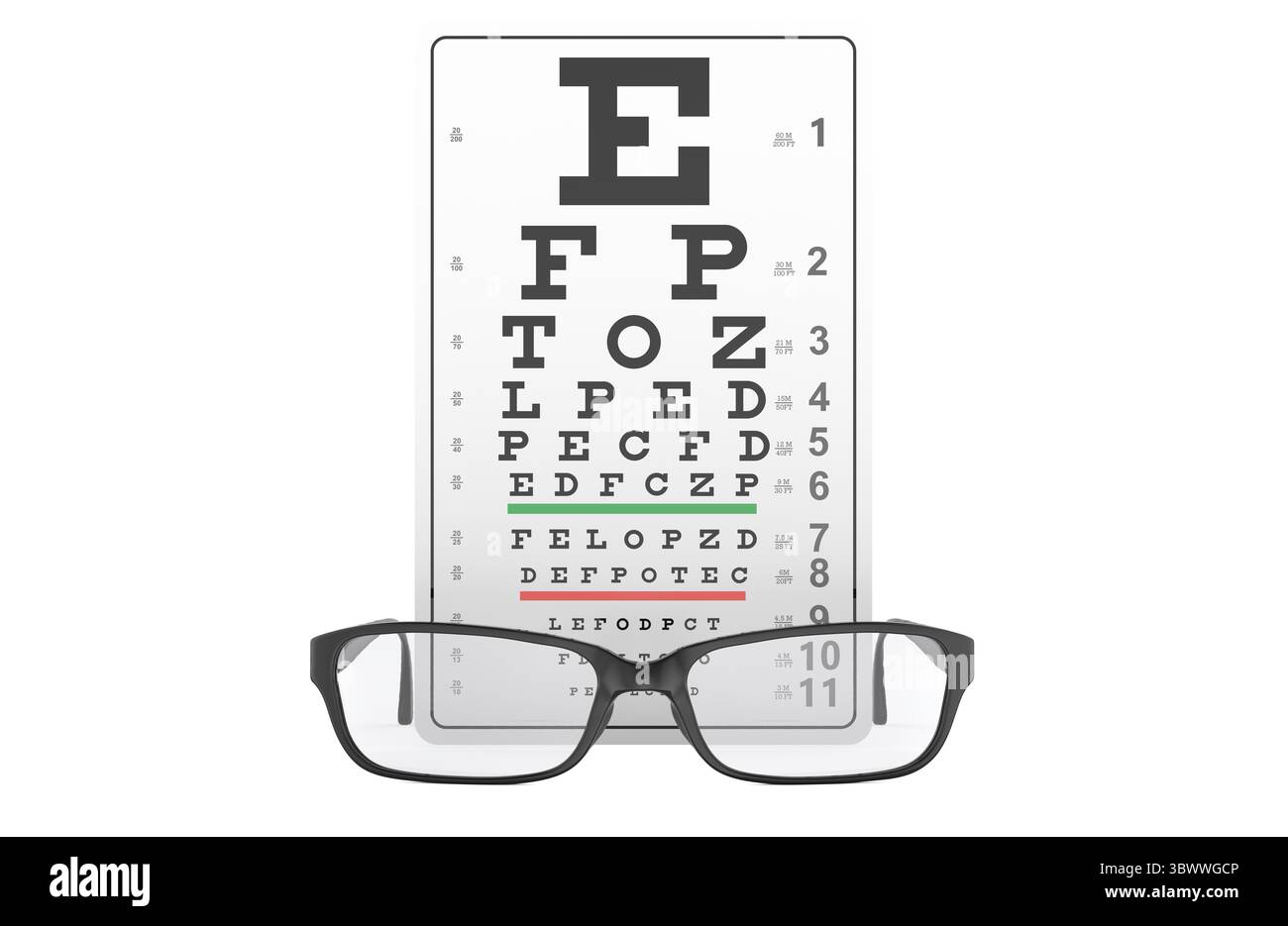 Lunettes et tableau de test de vision. Rendu 3D isolé sur fond blanc Banque D'Images
