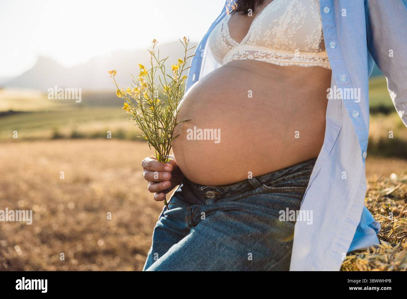 Gros plan d'un ventre enceinte avec la main tenant des fleurs sauvages jaunes, comme une future mère dans un soutien-gorge en dentelle et chemise ouverte repose à l'extérieur dans un co paisible Banque D'Images