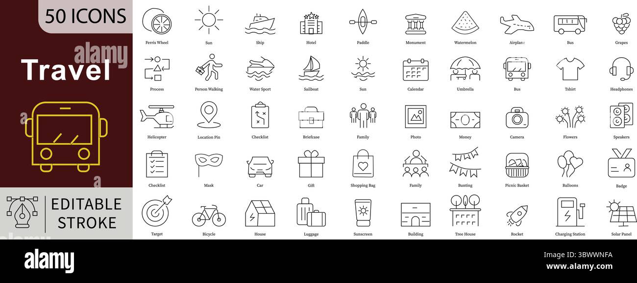 Icônes de ligne modifiables de voyage définies pour Tourisme, vacances, voyage et planification de voyage Illustration de Vecteur