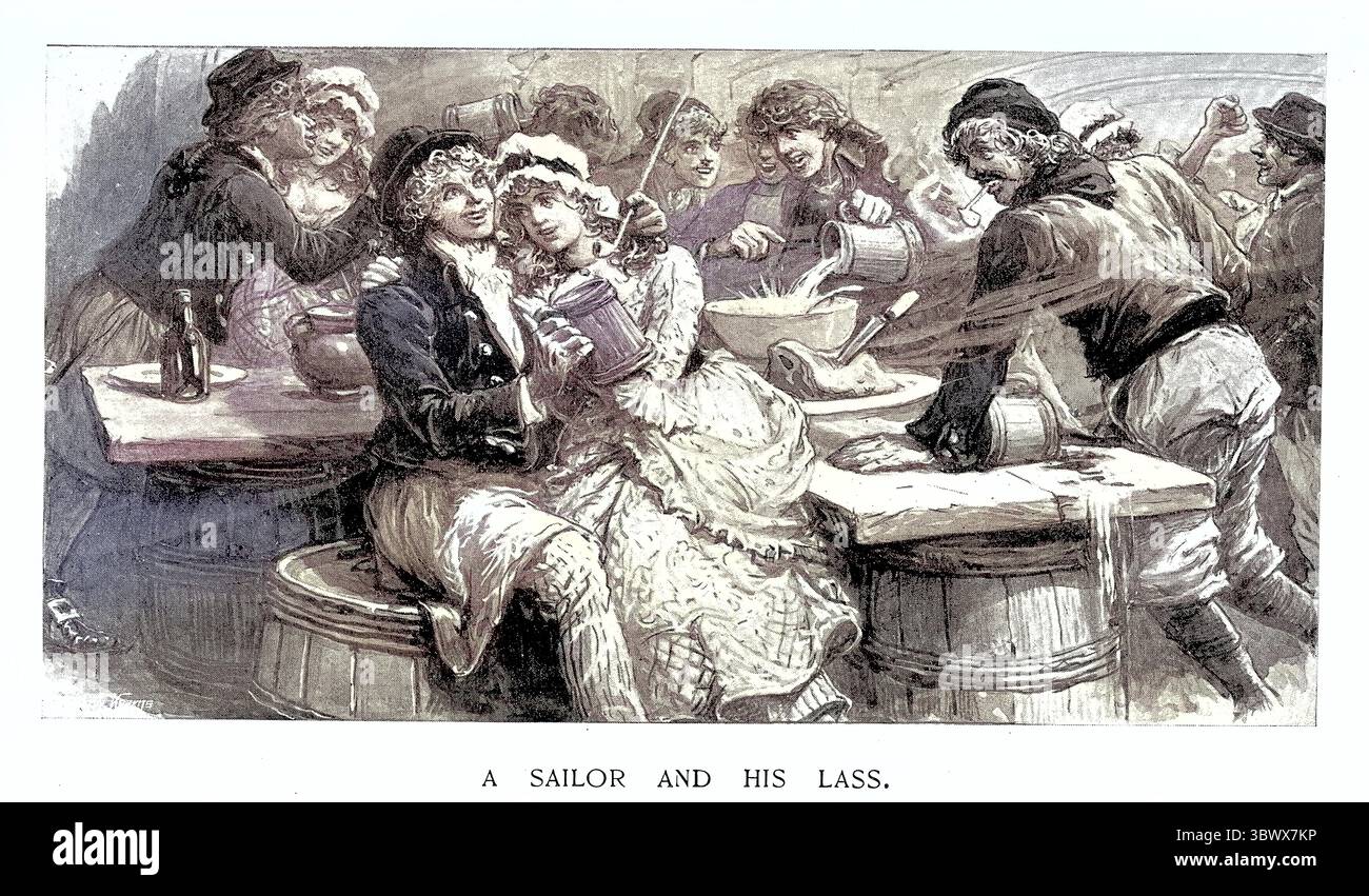 Histoire de la Royal Navy britannique, marins buvant et flirtant avec la femme, Off duty, Vintage illustration 18ème siècle Banque D'Images