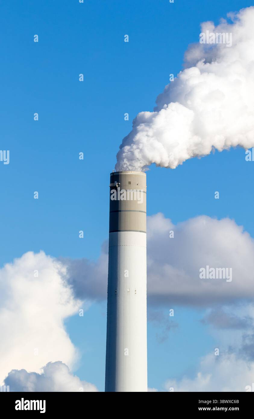 Conduit de cheminée fumant émettant de la vapeur ou de la fumée dans une centrale électrique, présentant une infrastructure industrielle de production d'énergie. Banque D'Images
