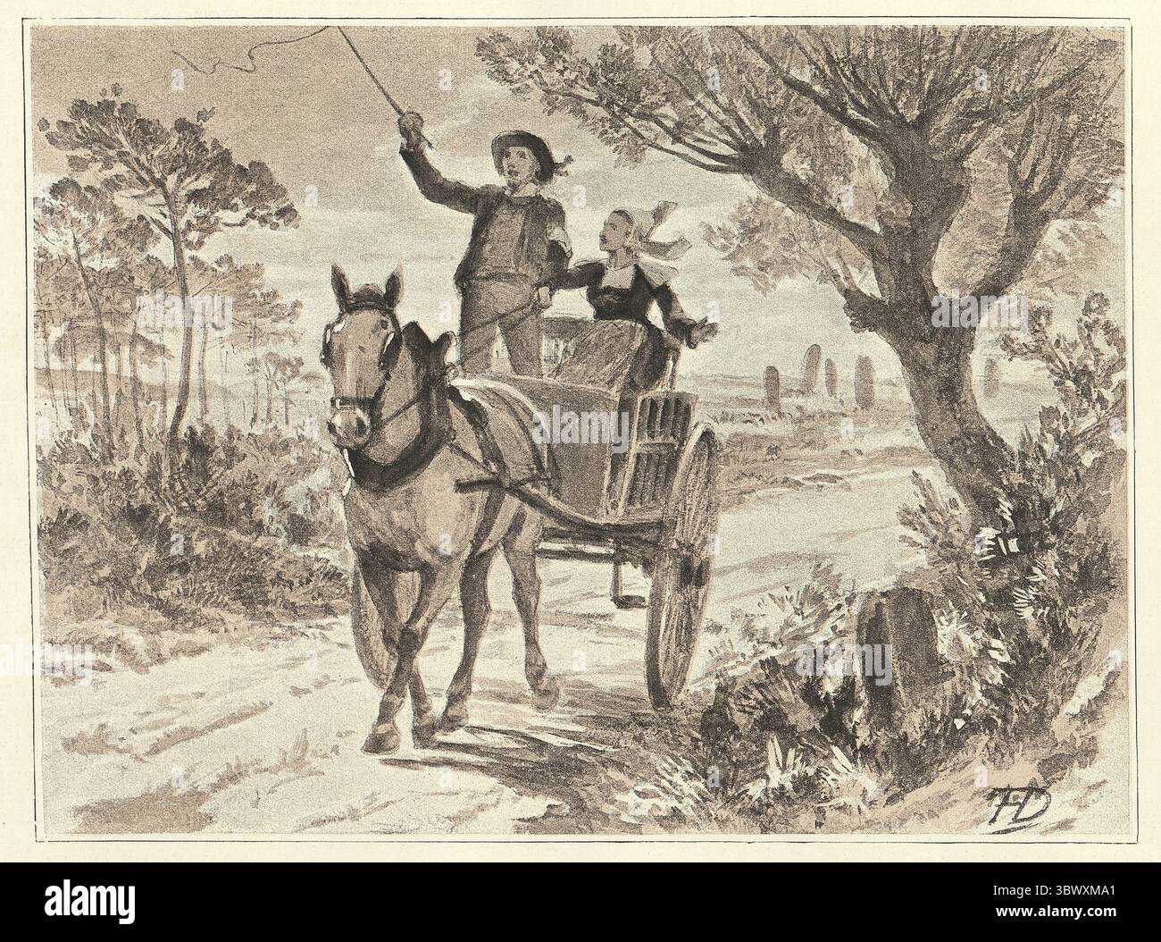 Homme et femme chevauchant en charrette à cheval sur une route de campagne, Bretagne, France, victorienne, illustration Vintage XIXe siècle Banque D'Images