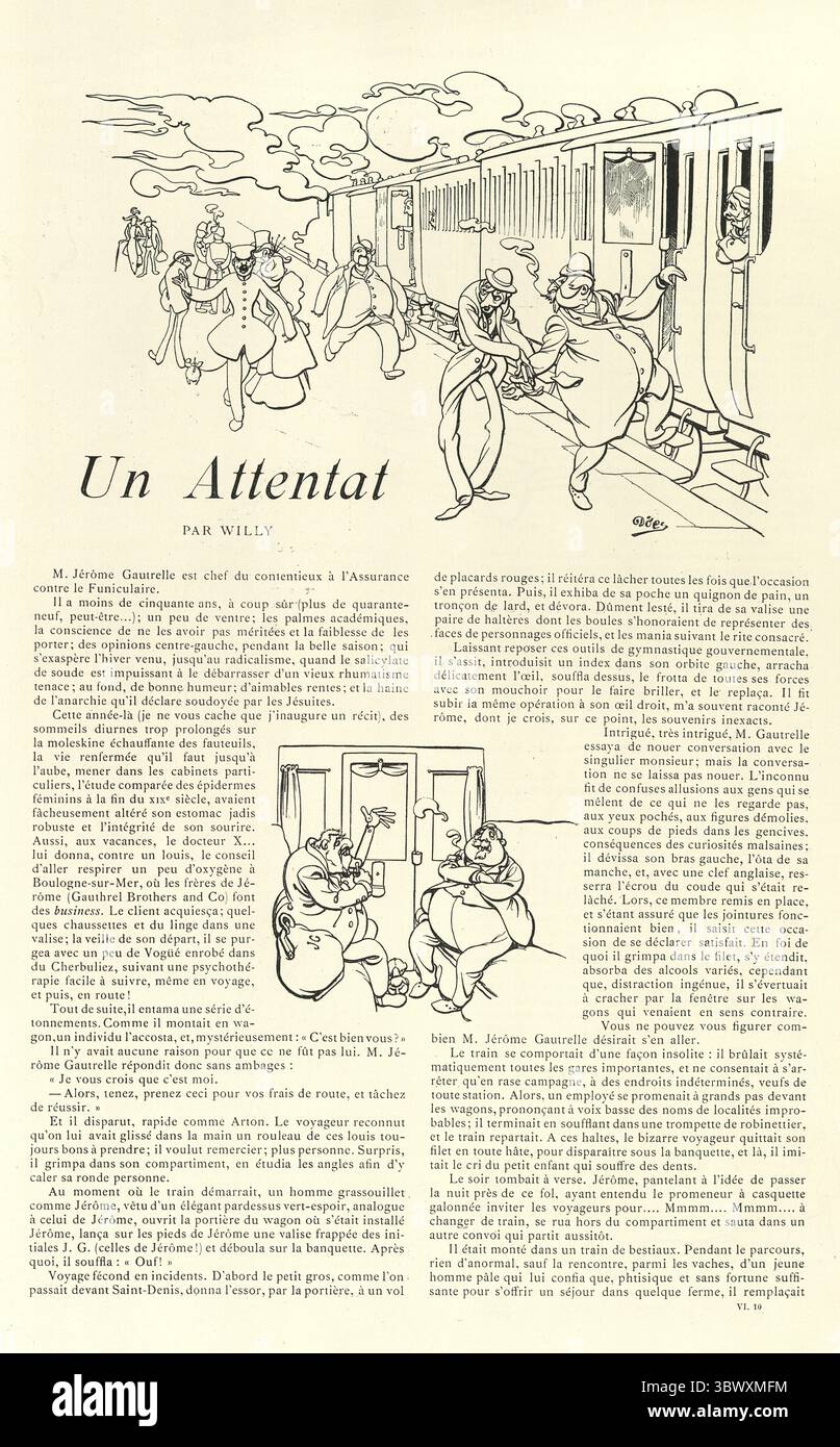 Dessin animé, passagers en retard pour le train circulant sur le quai de la gare, victorien, illustration Vintage 19ème siècle, années 1890 Banque D'Images