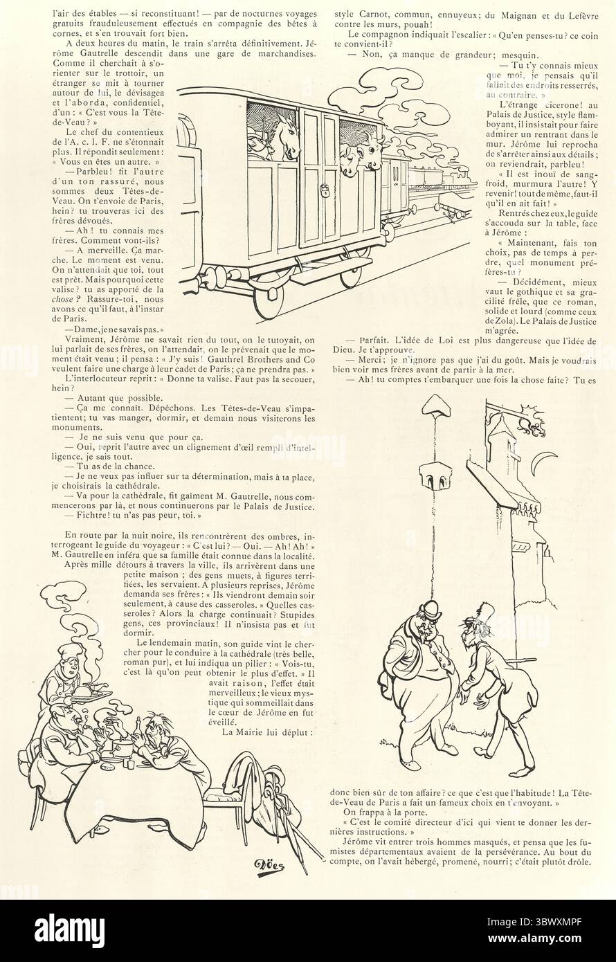 Dessin animé, caricature, bétail sur un wagon de train, hommes mangeant le déjeuner, victorien, illustration vintage 19ème siècle, années 1890 Banque D'Images