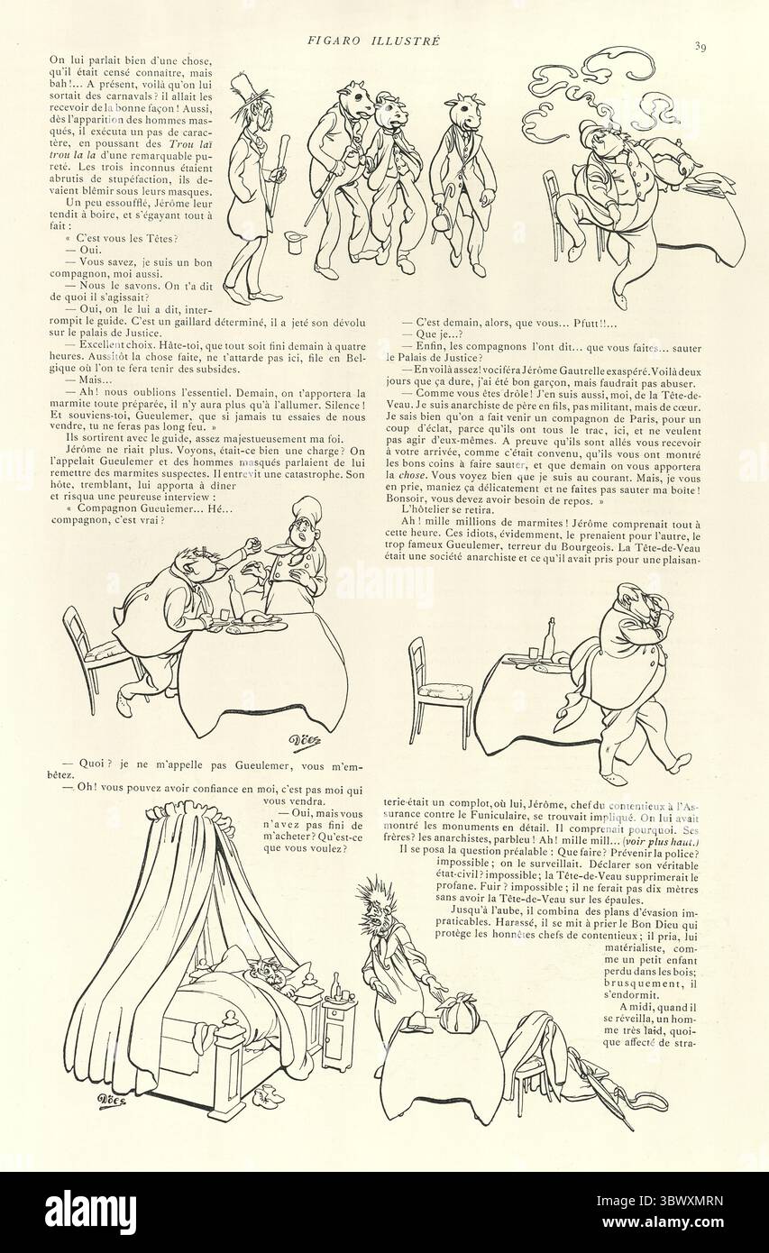 Dessin animé, caricature, gros homme mangeant un repas, bouleversé avec le chef, victorien, illustration Vintage 19ème siècle, années 1890 Banque D'Images