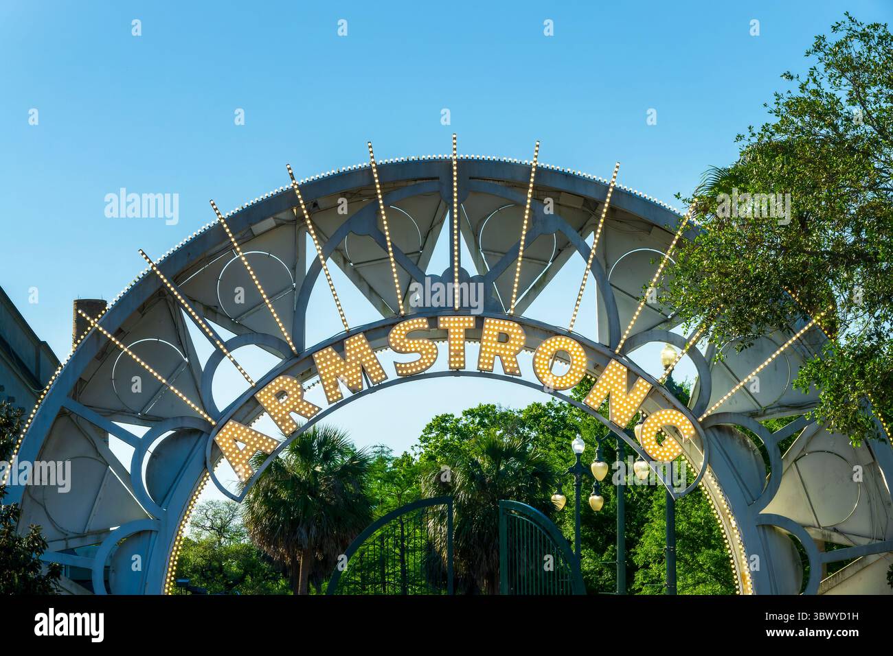 Louis Armstrong Park, panneau de néon de porte d'entrée à Treme, Nouvelle-Orléans, Louisiane Banque D'Images