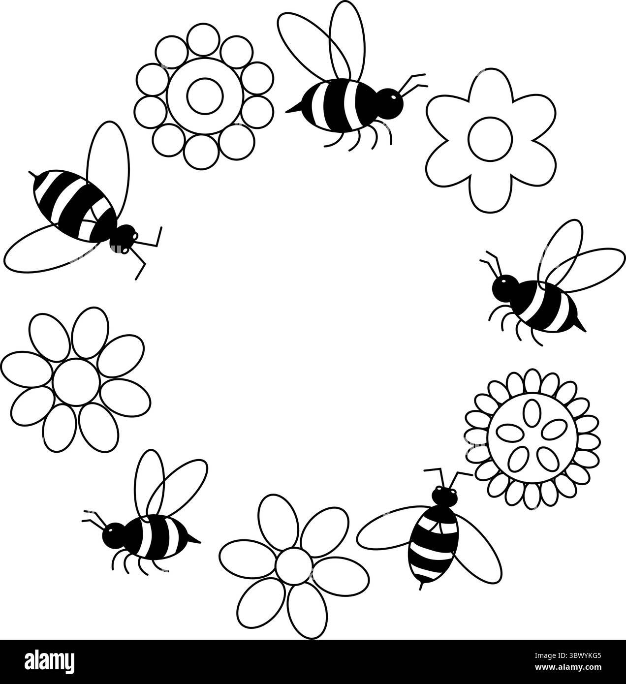Abeille dans une dentelle florale Frame cercle modèle rond. Illustration de ligne graphique vectorielle. Parfait pour les cartes, décorations, logo, menu, divers modèles. Couleur Illustration de Vecteur