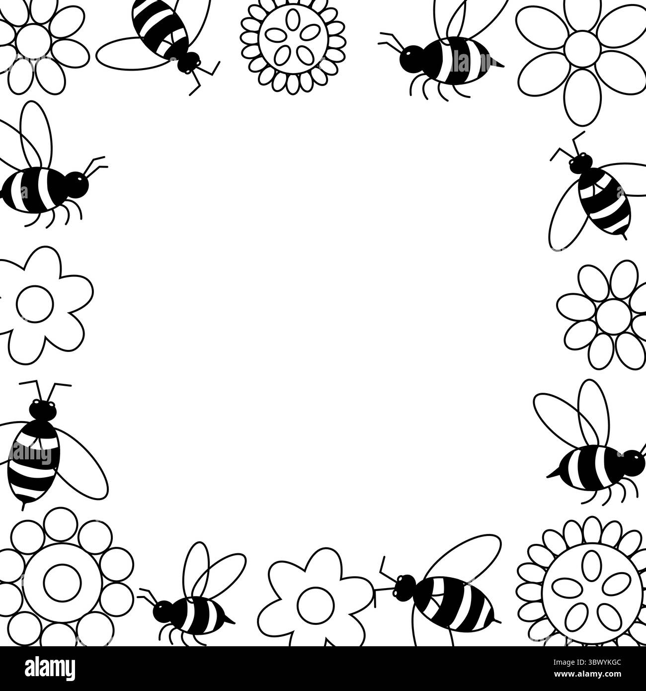 Abeille avec des fleurs simples modèle carré de cadre. Illustration de ligne graphique vectorielle. Signe de silhouette pour logo, impression, bandes dessinées, mode, pop art, tableaux, de Illustration de Vecteur