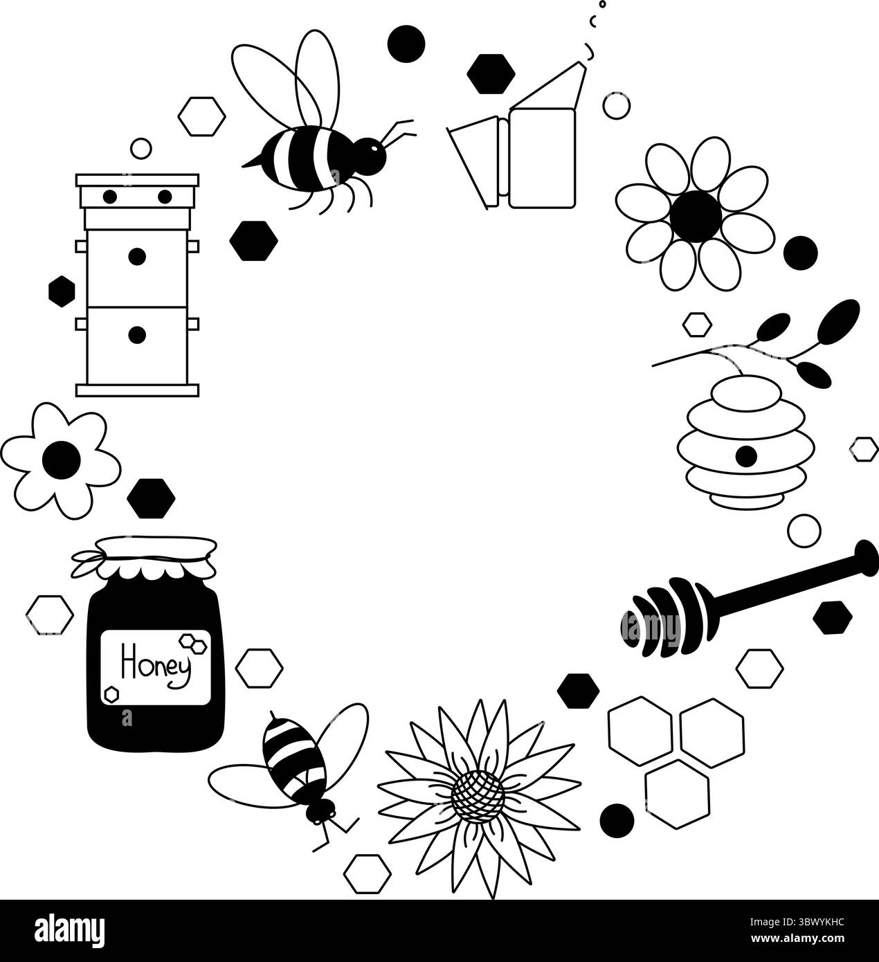 Modèle rond de cercle Honey Frame. Illustration de ligne graphique de vecteur nid d'abeille graphique, abeille, pot en verre, fleurs, pot. Idéal pour étiquette, bannière, affiche, Illustration de Vecteur
