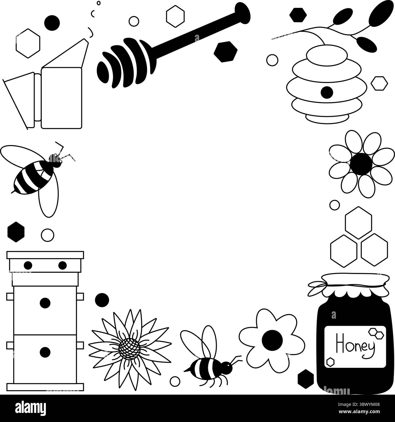 Fleurs d'abeilles miel cadre cercle modèle rond. Illustration de ligne graphique vectorielle. Signe de silhouette pour logo, impression, bandes dessinées, mode, pop art, planches, d Illustration de Vecteur