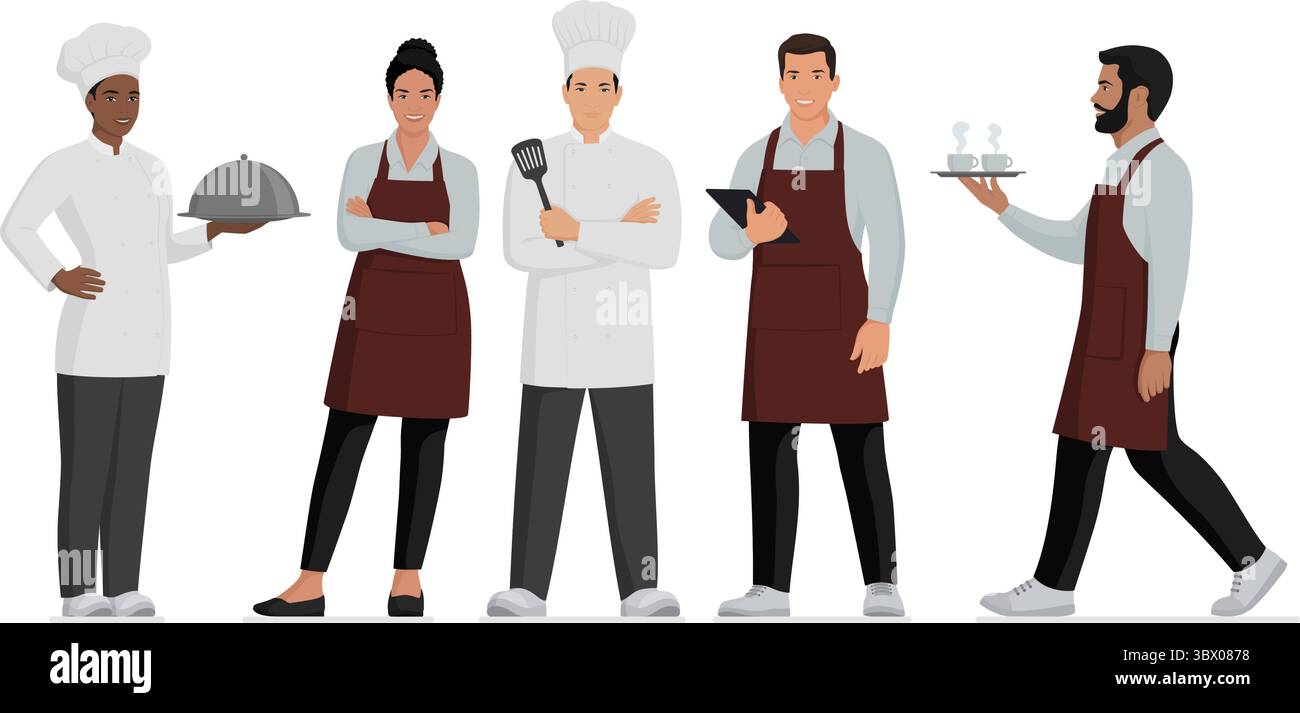 Personnel de cuisine professionnel souriant et employés de restaurant posant ensemble : cuisiniers et serveurs, isolés Illustration de Vecteur
