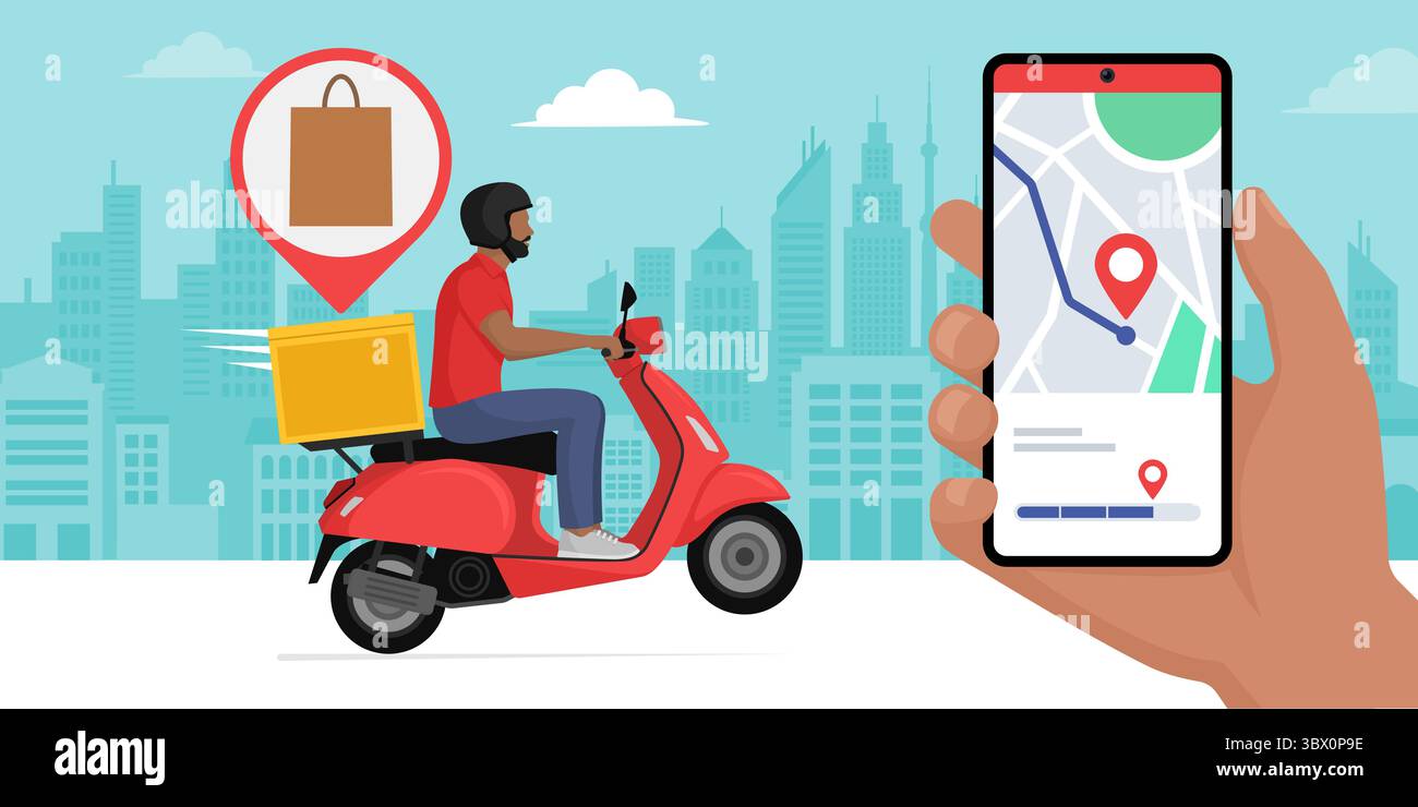 Suivi de livraison de nourriture sur une application pour smartphone, un homme roule sur un scooter et livre une commande de restauration rapide Illustration de Vecteur