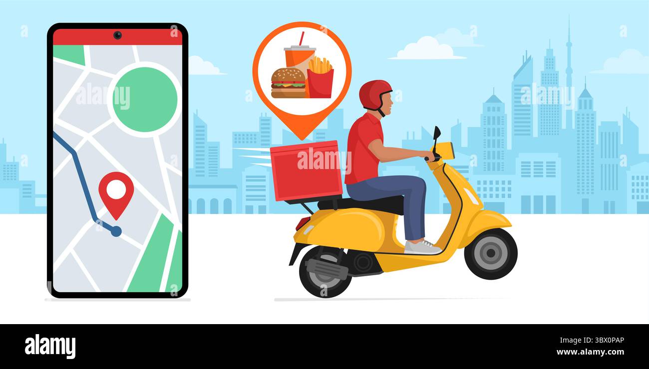 Suivi de livraison de nourriture sur une application pour smartphone, un homme roule sur un scooter et livre une commande de restauration rapide Illustration de Vecteur