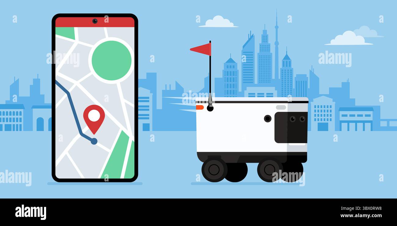 Robot autonome livrant des marchandises aux clients et application de suivi de livraison sur smartphone Illustration de Vecteur