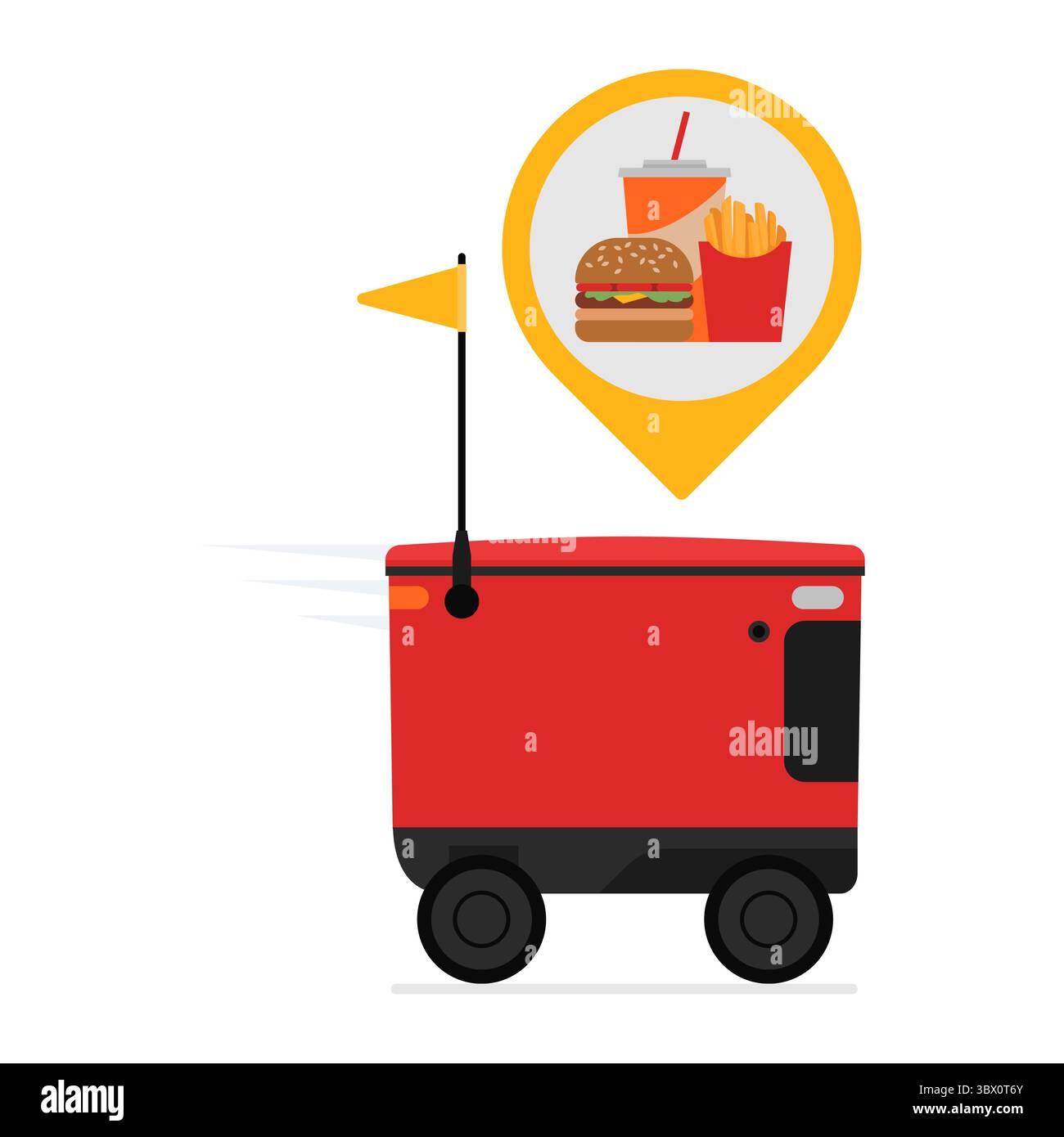 Robot de livraison de nourriture livrant une commande de restauration rapide, livraison de nourriture et concept robotique, isolé Illustration de Vecteur