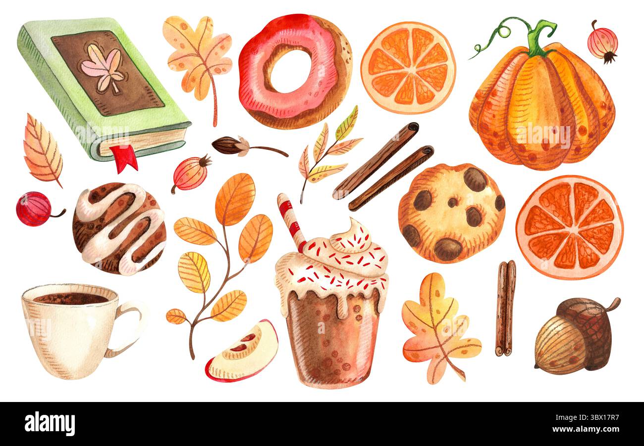 Une collection confortable d'aquarelles inspirées des saveurs d'automne et de la saison des épices de citrouille. Illustrations isolées sur fond blanc. Convient pour saisonnier Banque D'Images