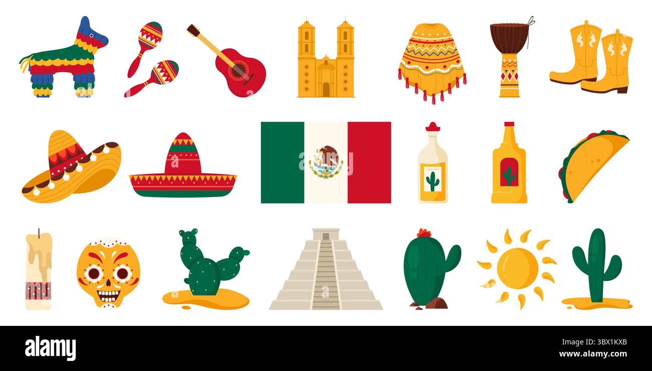 Voyagez au Mexique, monuments historiques et éléments de la culture du carnaval, nourriture et boissons. Guitare et maracas, pinata pour la fête de musique latino, pyramide aztèque et illustration vectorielle de dessin animé de cactus Illustration de Vecteur