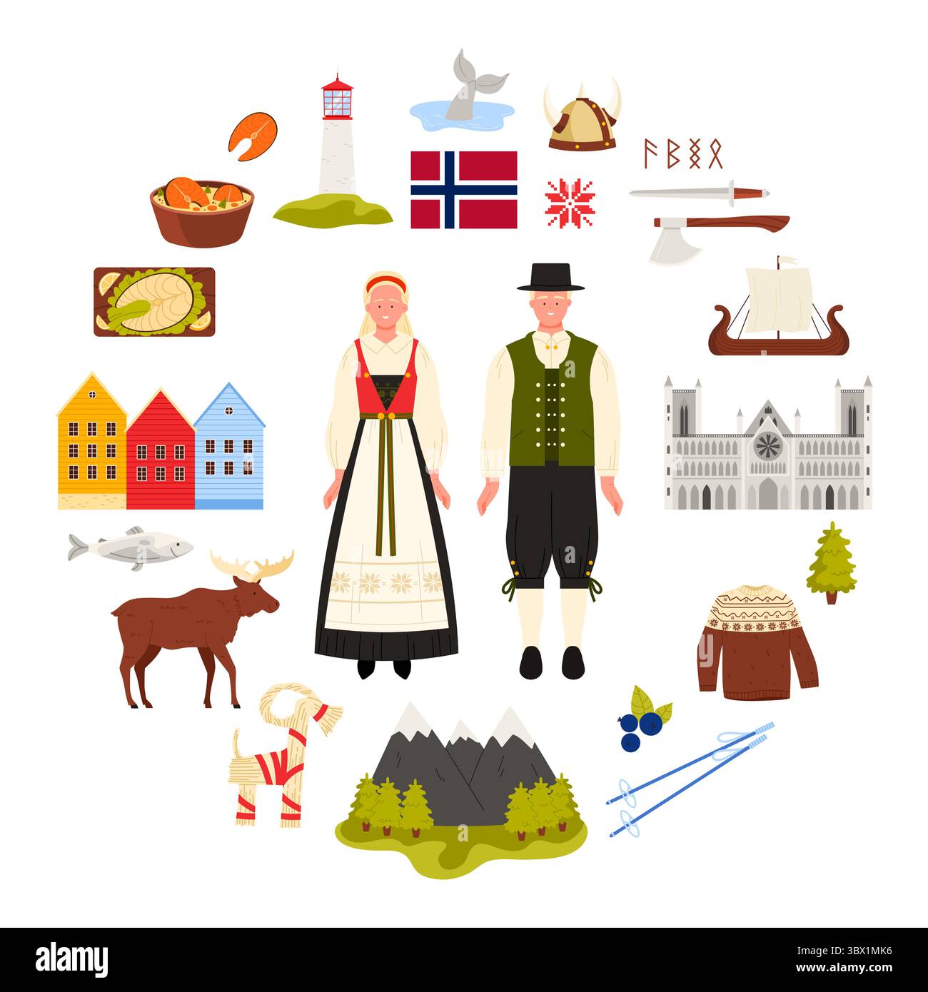 Éléments de culture de Norvège et paysage naturel, attractions touristiques et nourriture, couple norvégien en robe traditionnelle en affiche infographique ronde. Monuments nordiques pour l'illustration vectorielle de dessin animé touristique Illustration de Vecteur