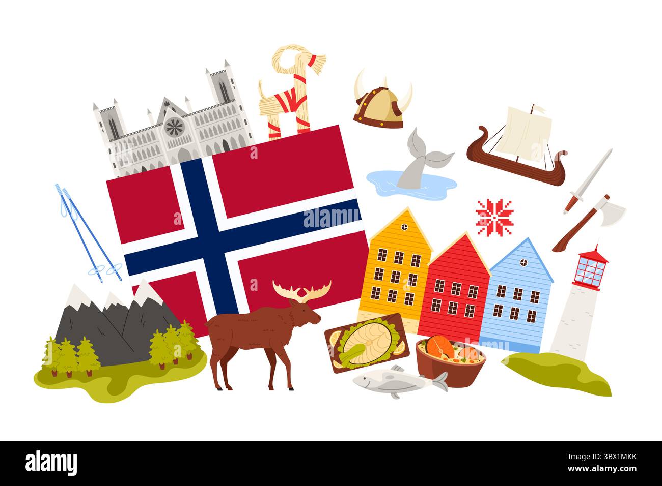 Voyagez en Norvège ensemble, des éléments de la culture traditionnelle et les eaux du fjord avec du saumon, de la nourriture et des monuments dans la bannière de collage infographique. Pavillon norvégien et maisons de Bergen, illustration vectorielle de navire viking Illustration de Vecteur