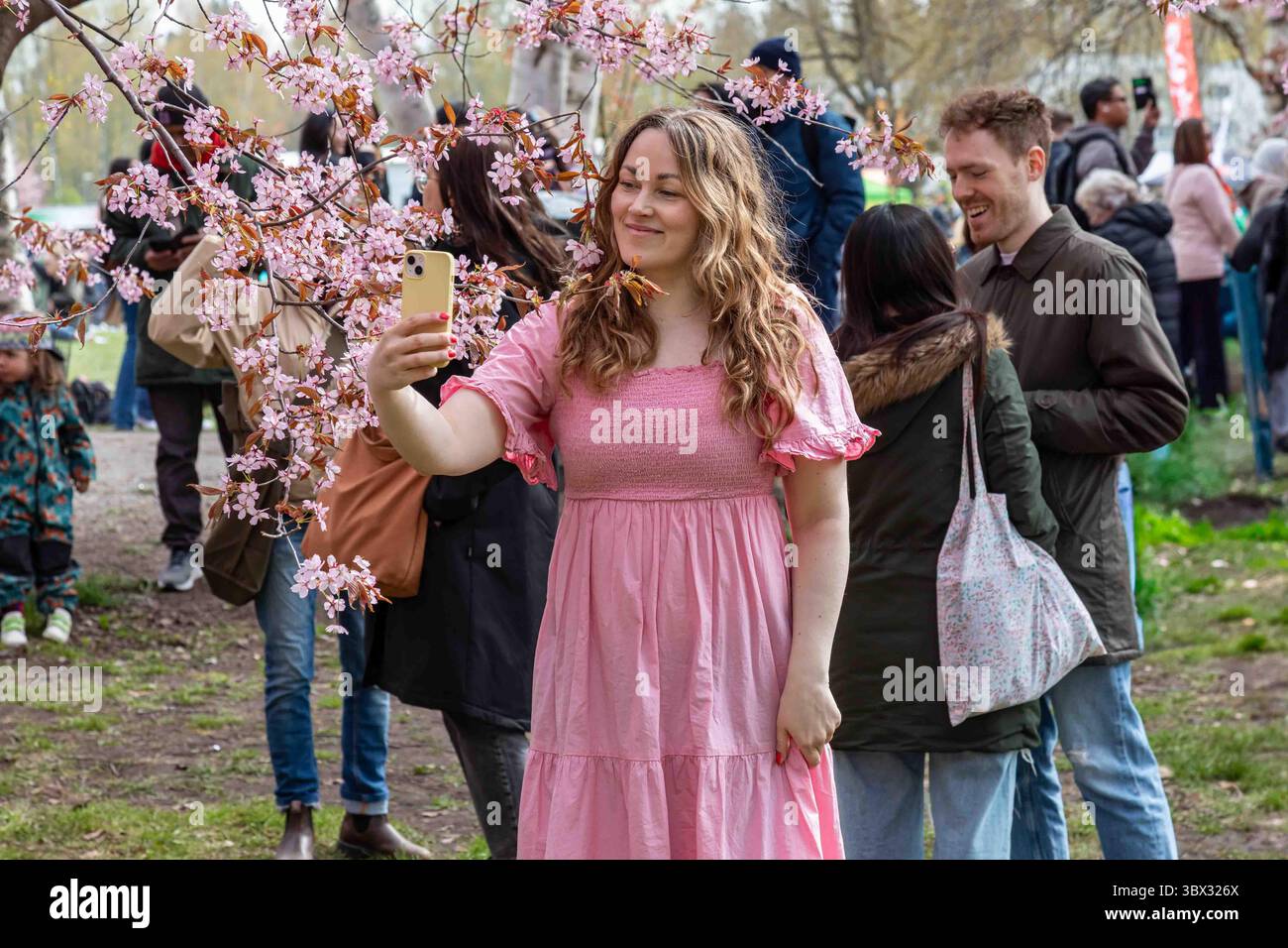 Jeune femme prenant un selfie avec des cerisiers en fleurs au festival Roihuvuori Hanami à Helsinki, Finlande Banque D'Images