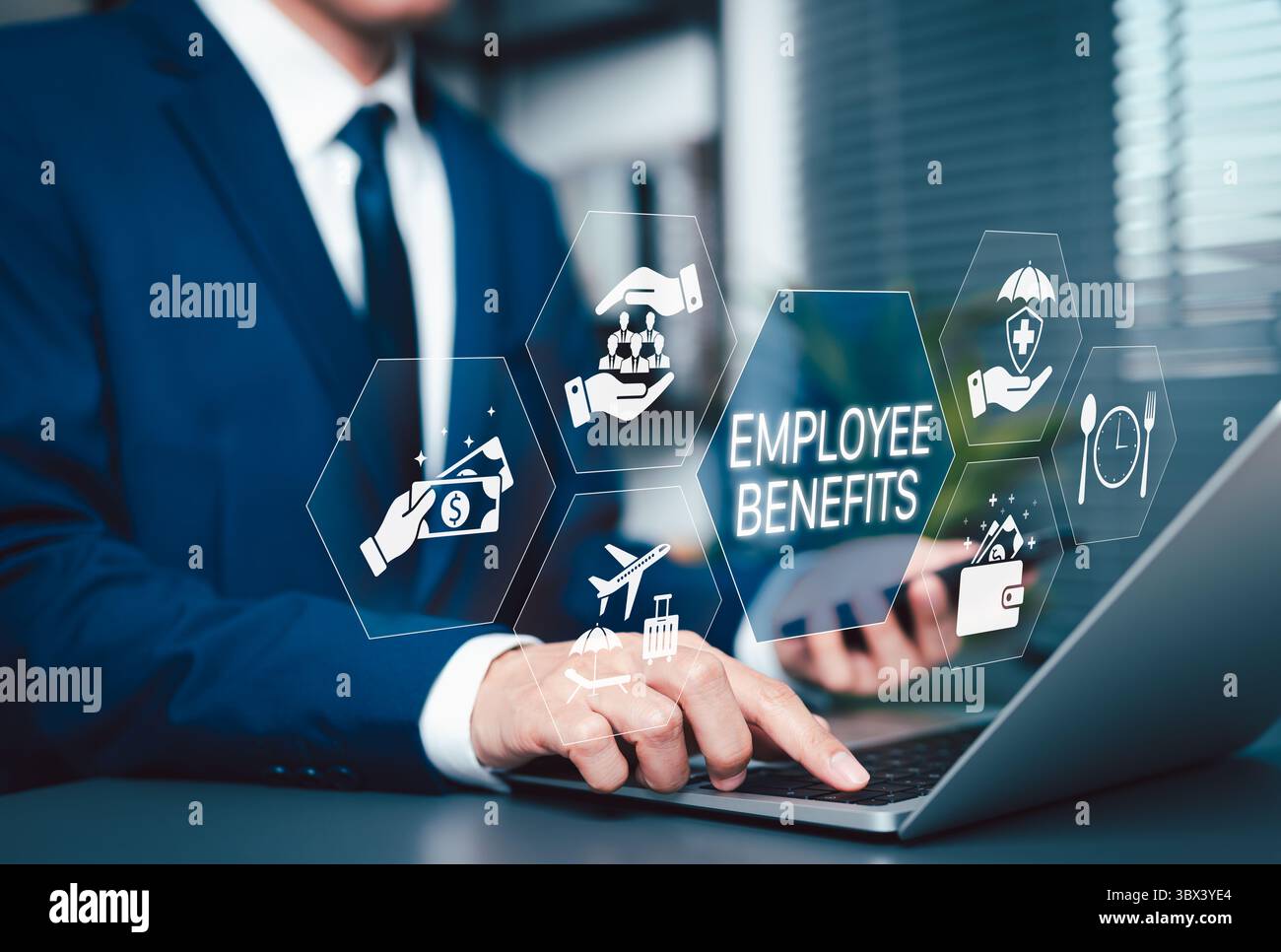 Concept de stratégie d'avantages sociaux et de rémunération des employés. Icônes représentant les avantages sociaux des employés, y compris les soins de santé, les assurances, les vacances, les avantages financiers, Banque D'Images