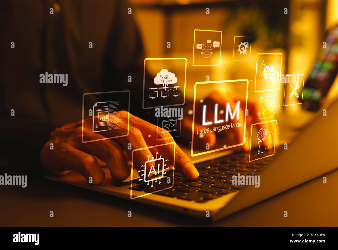LLM large Language Model et concept de technologie ai. Homme travaillant avec des icônes d'interface LLM, intelligence artificielle, apprentissage profond, apprentissage automatique, Banque D'Images
