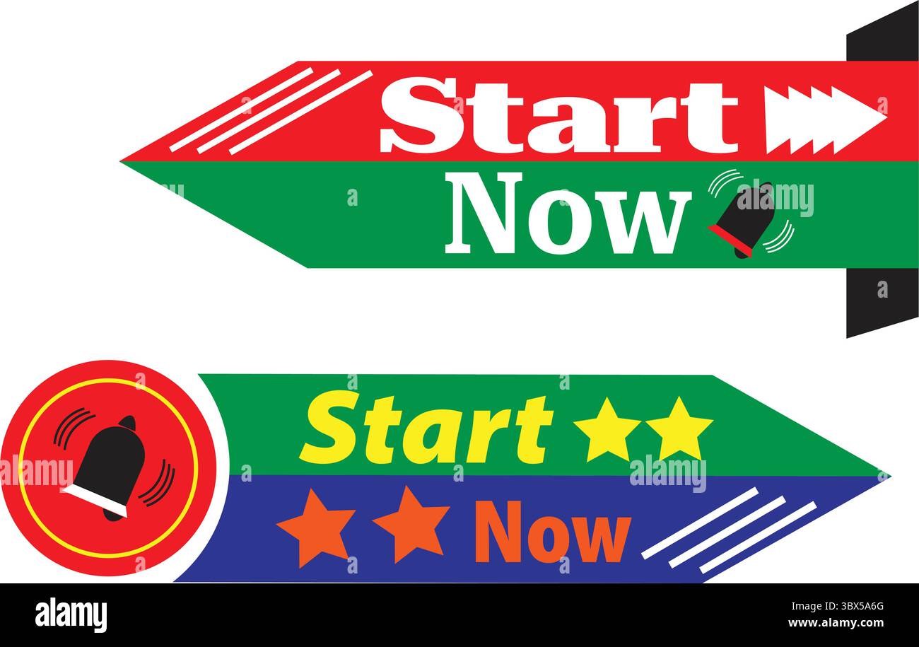 La triple flèche verte et rouge commence maintenant les étiquettes vectorielles avec des étoiles jaunes pour le site Web CTA et les graphiques promo Illustration de Vecteur